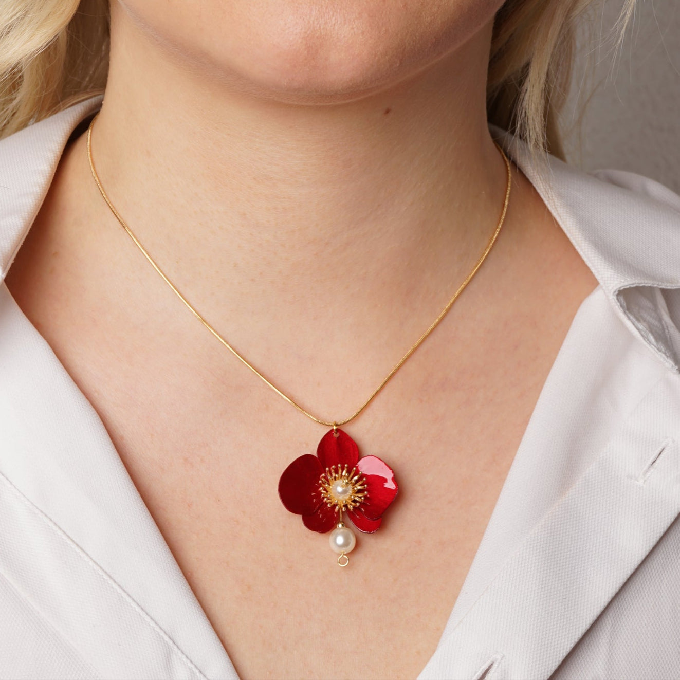 Butterfly Orchid Pearl Necklace Red
