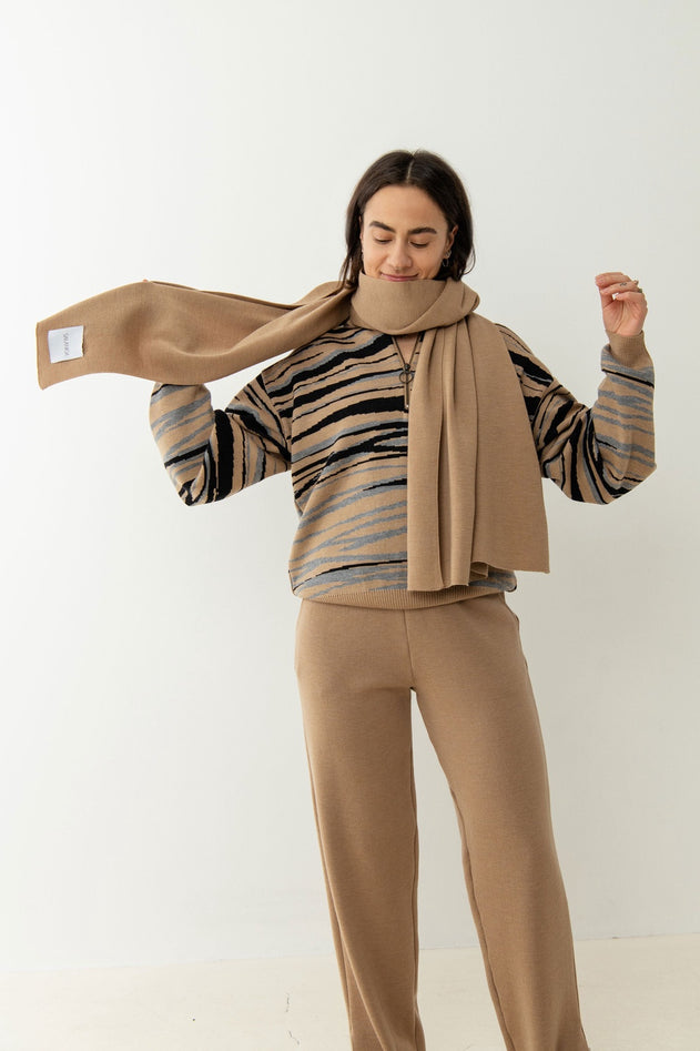 Via Merino Wool Scarf & Gloves Set Beige