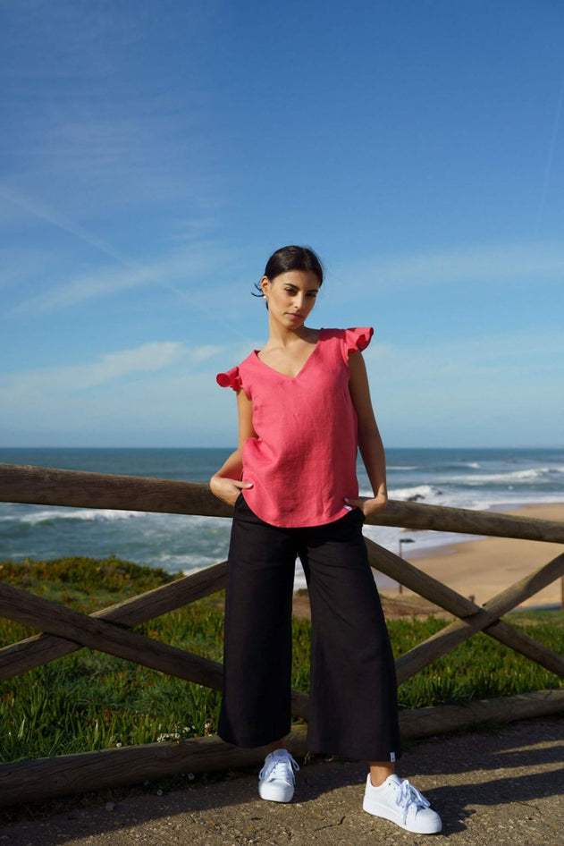 Culottes Linen Trousers Stonewashed Black - IVALO.COM