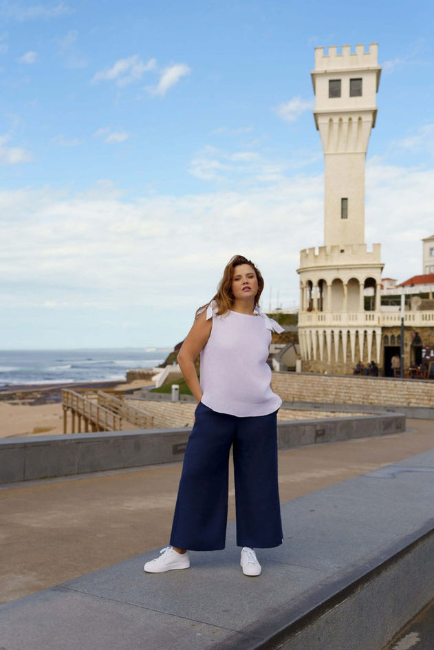 Culottes Linen Trousers Stonewashed Oxford Navy - IVALO.COM
