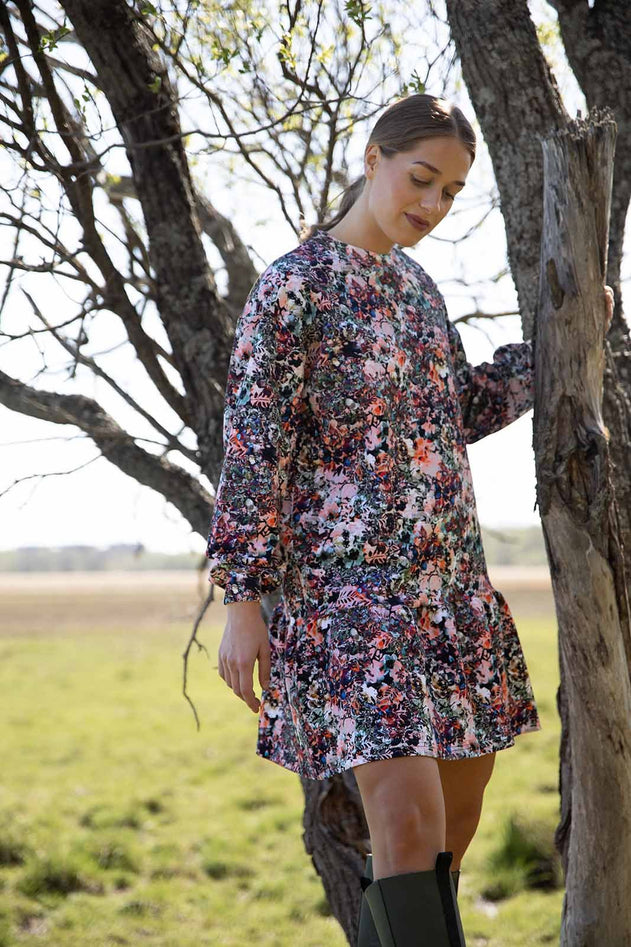 Ruffle Sweatshirt Dress Blooming Forest