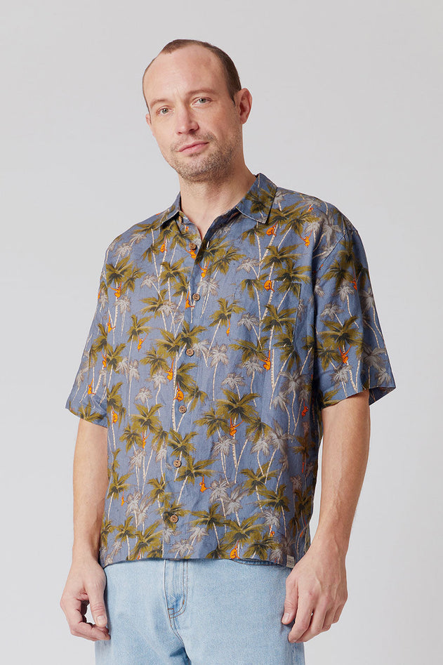Dingwalls Jungle Print Linen Shirt Blue