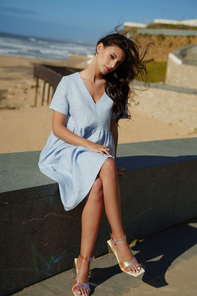Linen Layer Dress Sky Blue - IVALO.COM