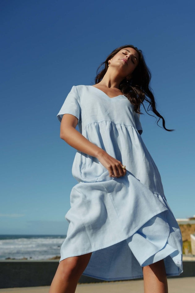 Linen Layer Dress Sky Blue - IVALO.COM