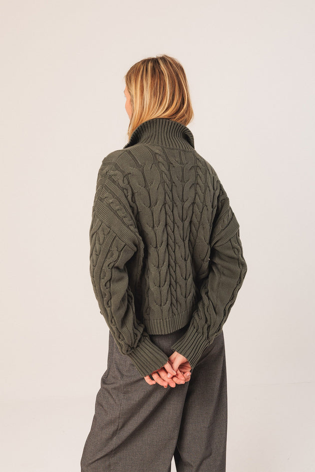 Cotton Cable Knit Cardigan Khaki