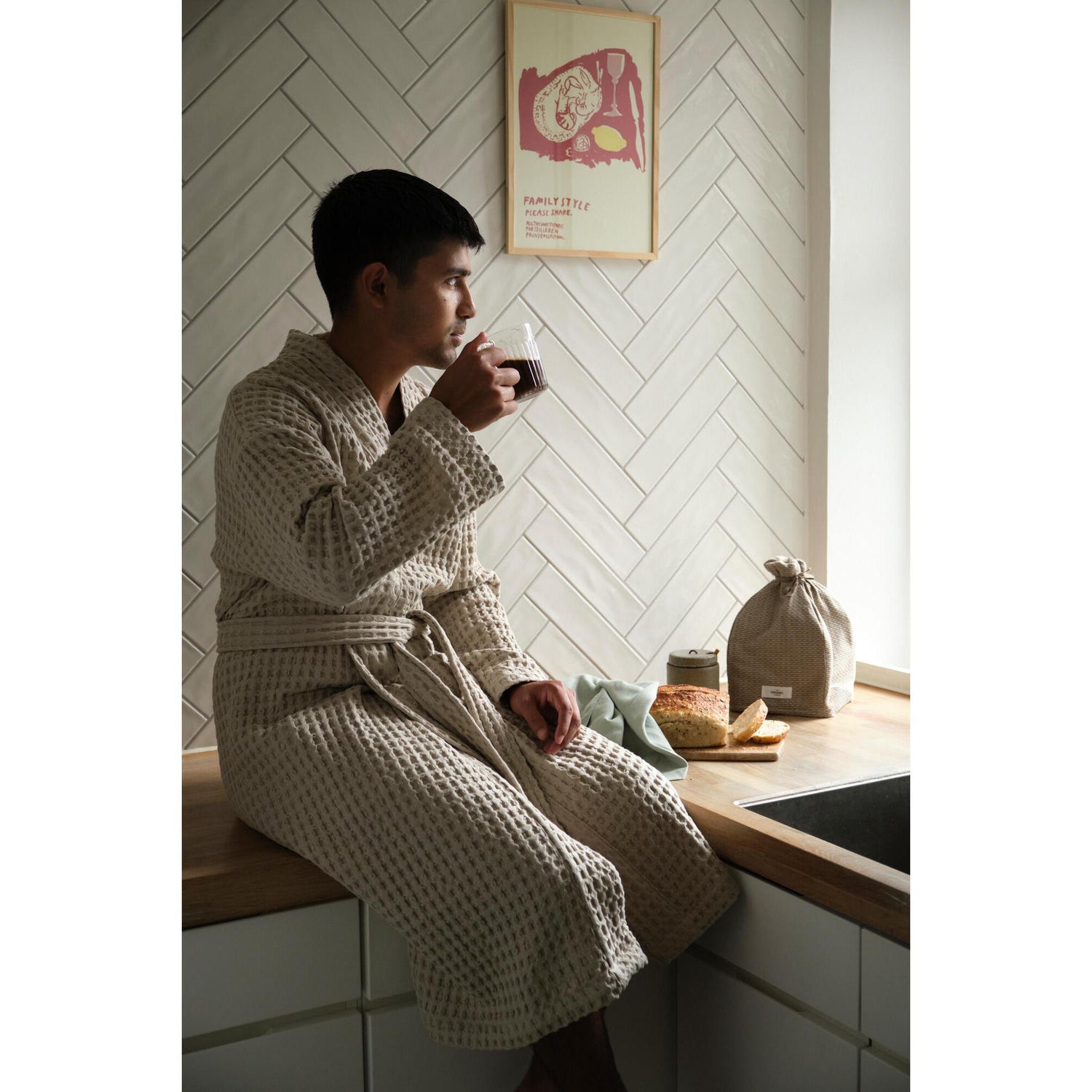 Big Waffle Bathrobe Stone Size S/M