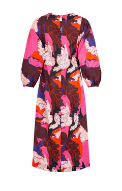 Zenit Puff Sleeve Midi -mekko vaaleanpunaiset lehdet tulosta