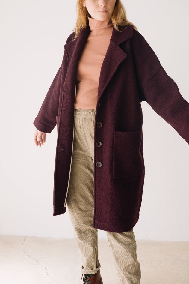 100% RWS Merino Wool Long Coat in Purple