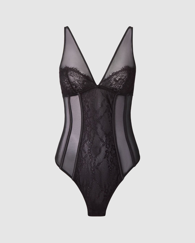 Mesh Lace Plunge Body Black