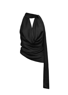 Halo Satin Backless Halter Top Black
