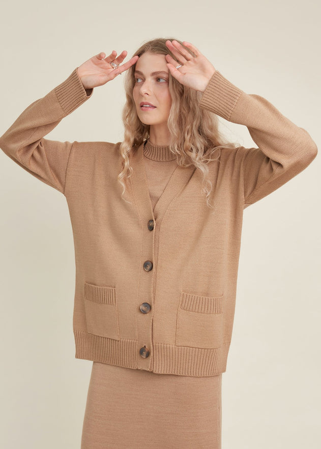 Button-Up Merino Wool Cardigan Camel