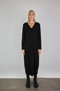 Knitted V-Neck Merino Wool Dress Black