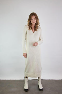 Knitted V-Neck Merino Wool Dress White