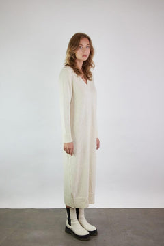 Knitted V-Neck Merino Wool Dress White