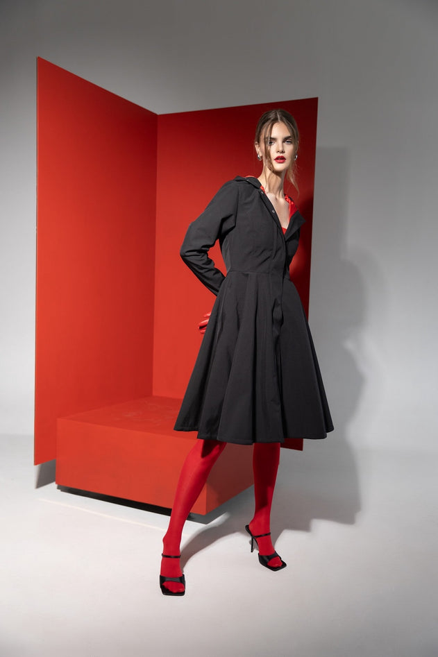 Fit and Flare Raincoat with Full Circle Hem Raven Black / Red