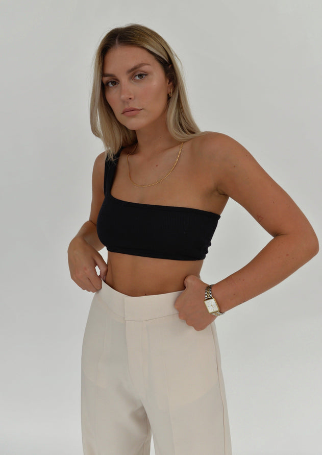 One Shoulder Ribbed Top Black