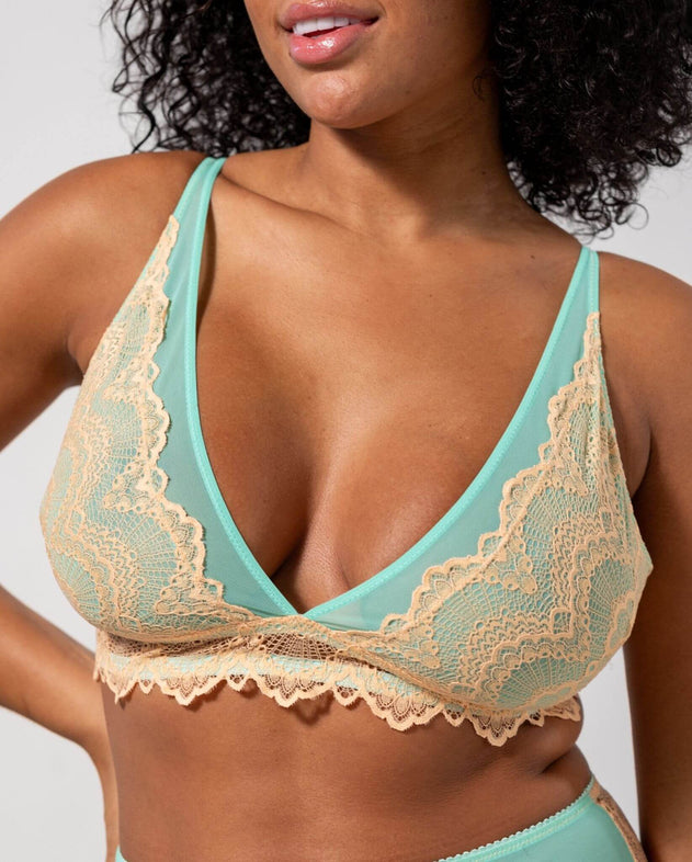 Lace Plunge Bralette Peach/Turquoise