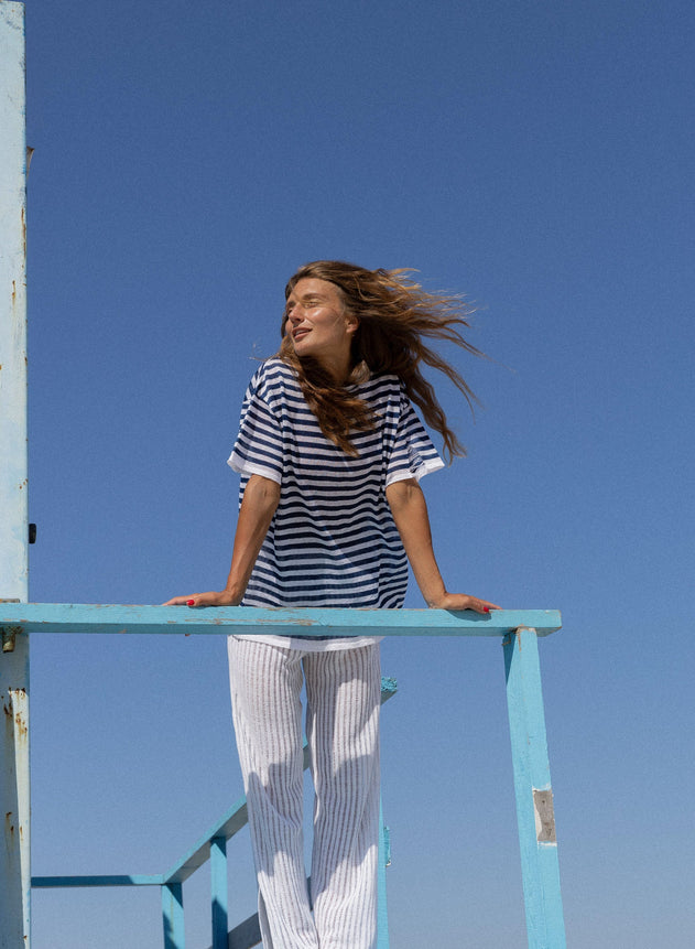 Energia Unisex Linen T-Shirt Navy Striped