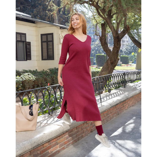 3/4-Sleeve Dress Burgundy