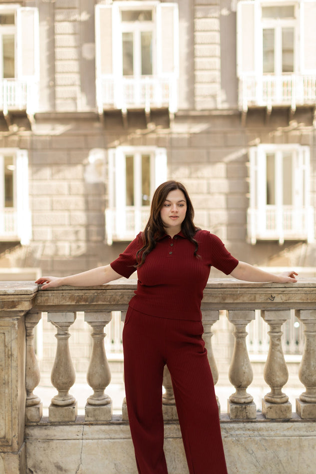 Burgundy viscose polo sweater, side view