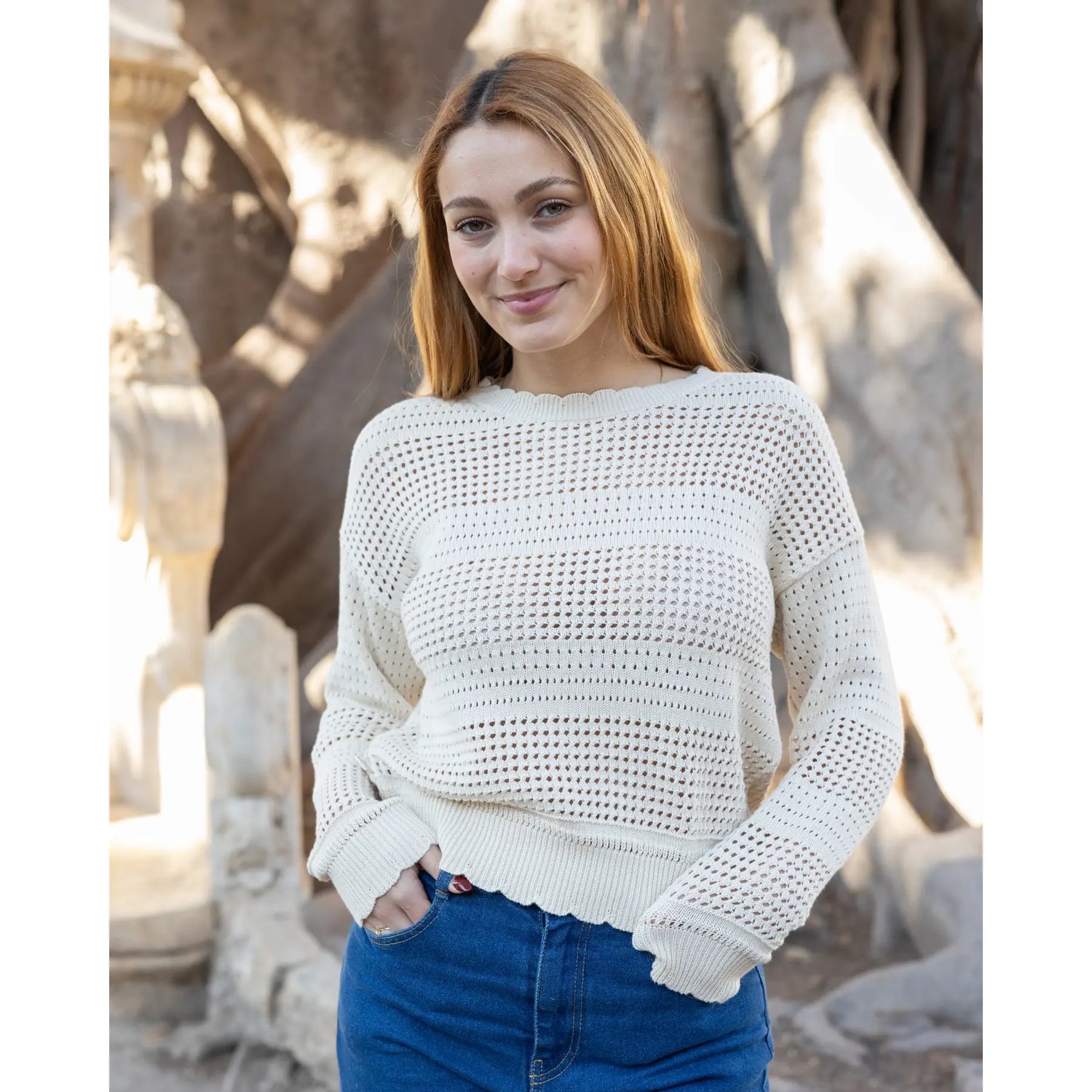 Openwork Knit Sweater Beige