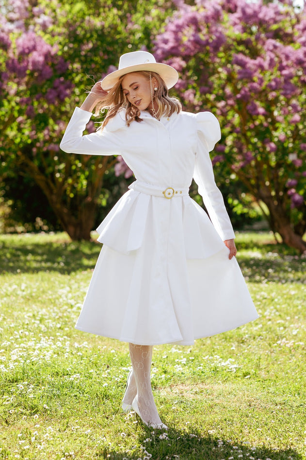 Fit and Flare Raincoat with Puff Sleeves Majestic White