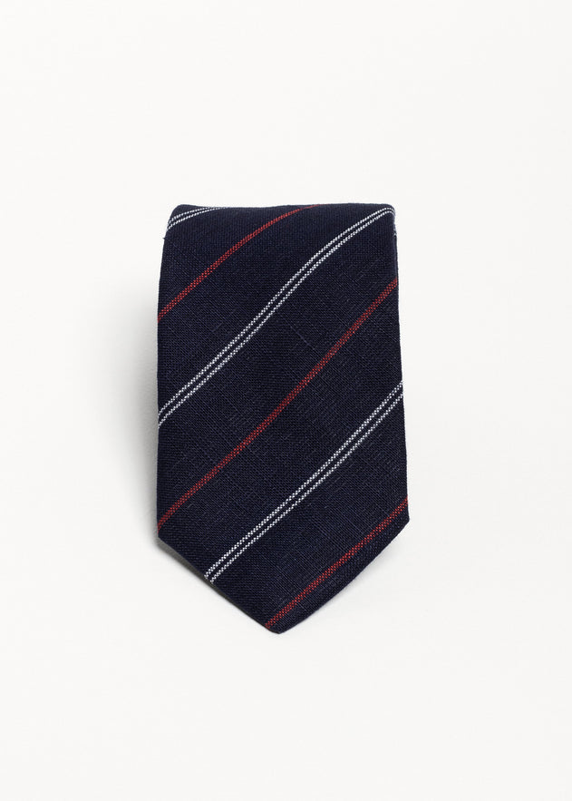 The 100% Linen Tie Navy & Red Stripes