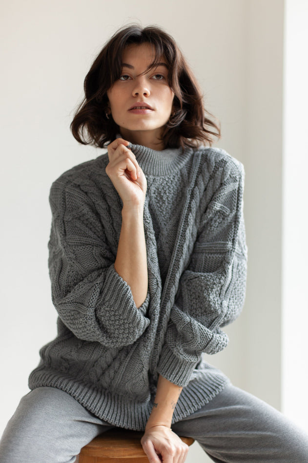 Nonna Cable-Knit Merino Sweater Grey