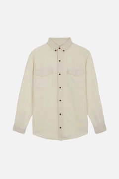 Beige shirt with button details on a white background