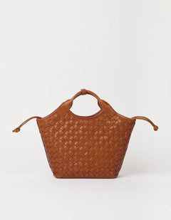 Brown woven handbag on a white background