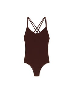 Black swimsuit with criss-cross straps on a white background