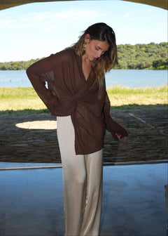 Esme Draped Twist Pusero Brown Check