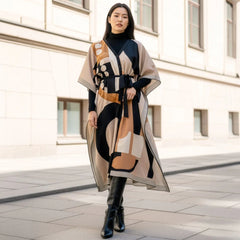 Woman wearing a patterned coat in an urban setting
