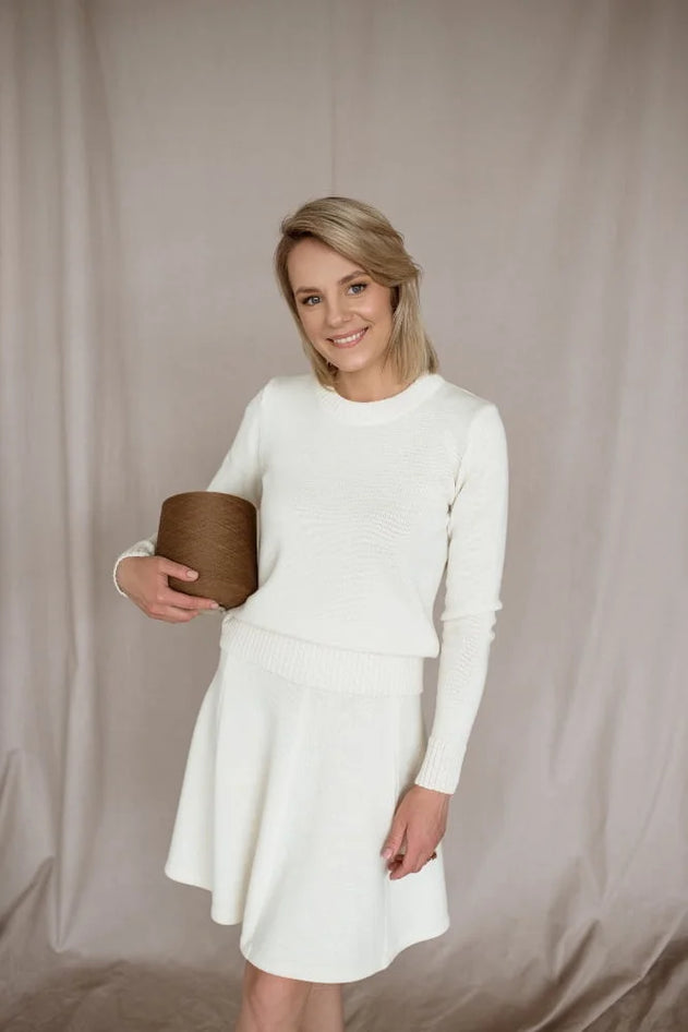 Lightweight merino wool crew neck sweater, front view