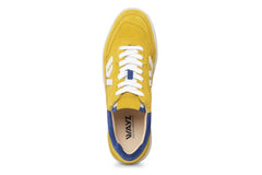 Yellow sneaker with white laces on a white background