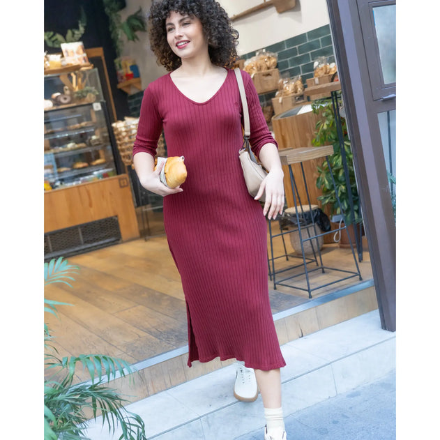 3/4-Sleeve Dress Burgundy