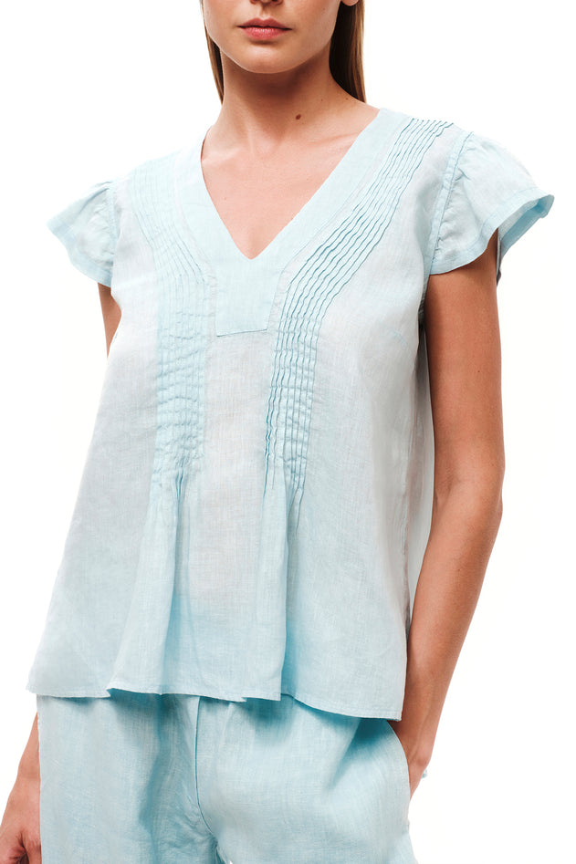 Pleated Detail  Linen Blouse with V Neck