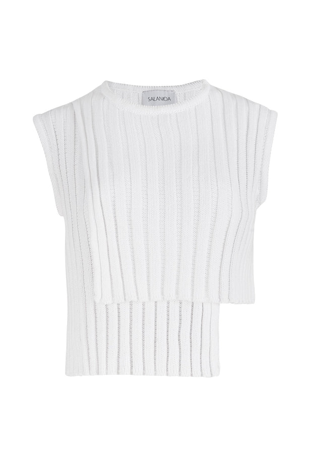 White cotton asymmetric knit top, detail view