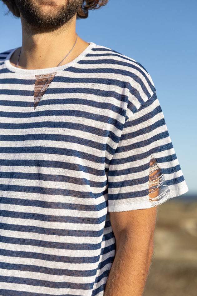 Energia Unisex Linen T-Shirt Navy Striped