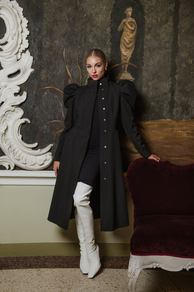 Fit and Flare Raincoat with Puff Sleeves Majestic Black