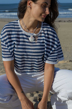 Energia Linen Crop Top Navy Striped