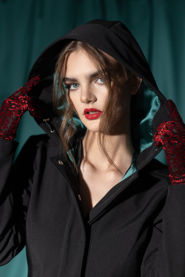 Fit and Flare Raincoat with Full Circle Hem Black / Deep Emerald