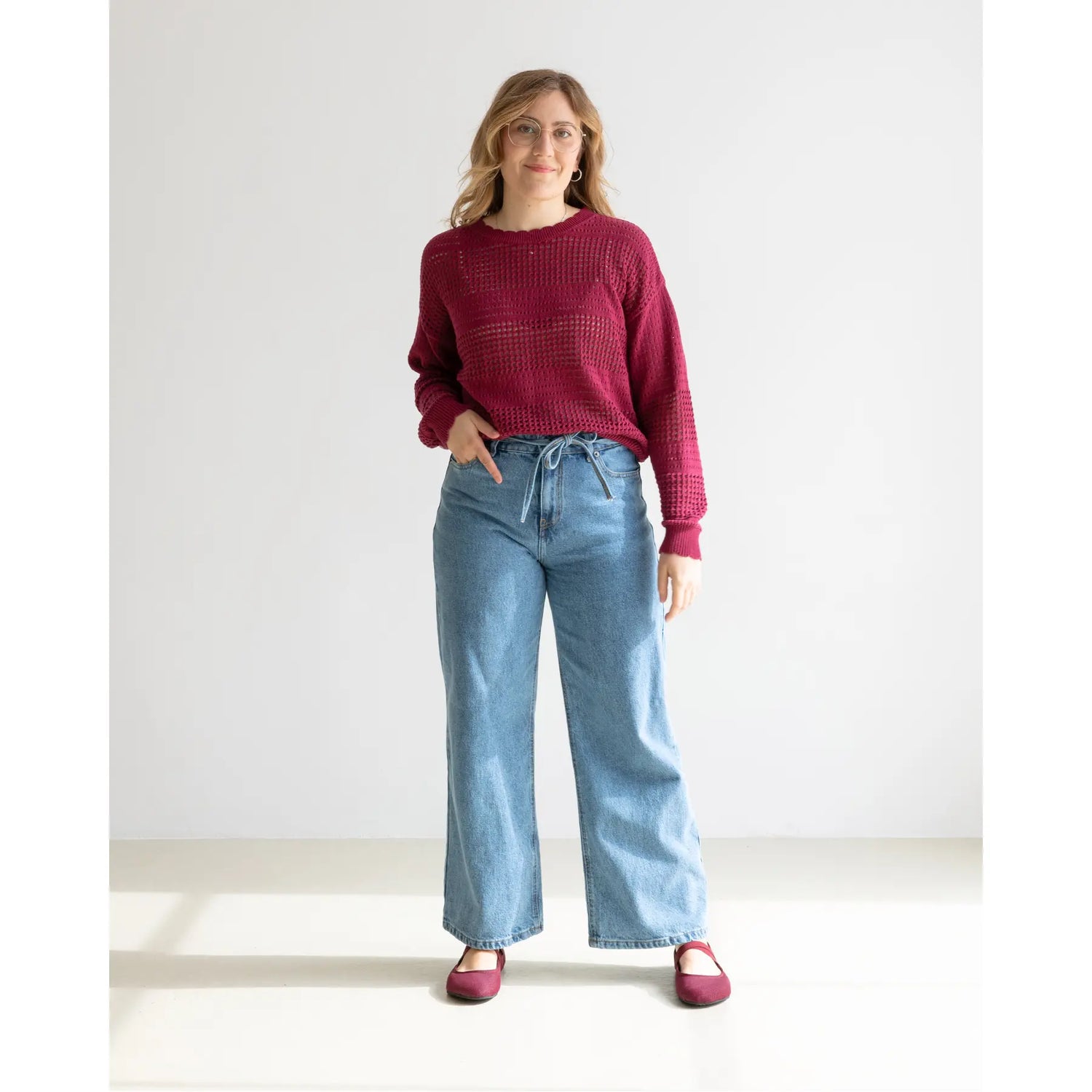 Openwork Knit Sweater Burgundy