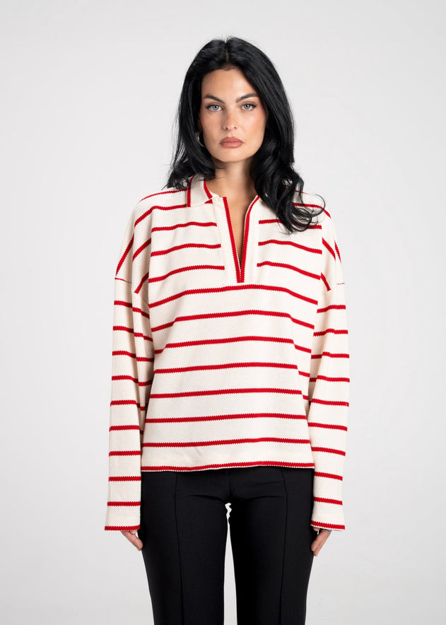 Mable Stripped Polo Sweater Cream & Red