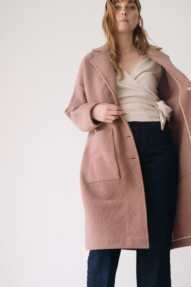 100% RWS Merino Wool Long Coat in Pink