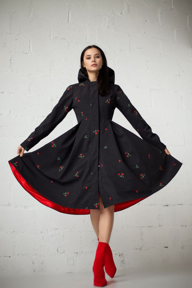 Fit and Flare Raincoat with Pleated Hem Black Wild Strawberry