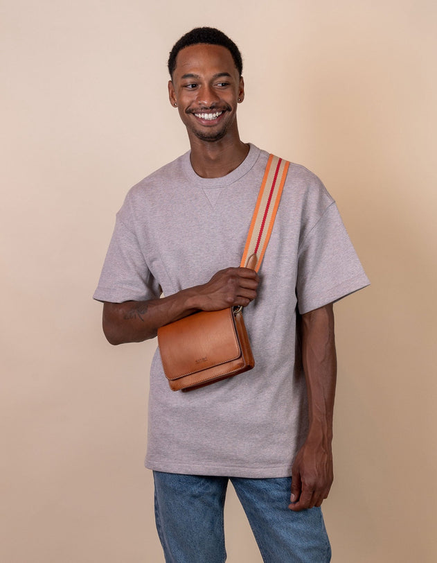 Striped Webbing Strap Orange, Red & Cognac Classic Leather