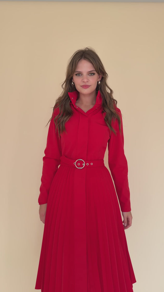 Fit and Flare Red Women's A-line Coat with Pleated Skirt Scarlet Waltz Red