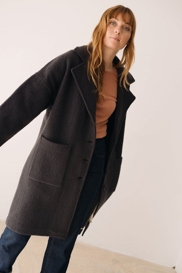 100% RWS Merino Wool Long Coat in Black