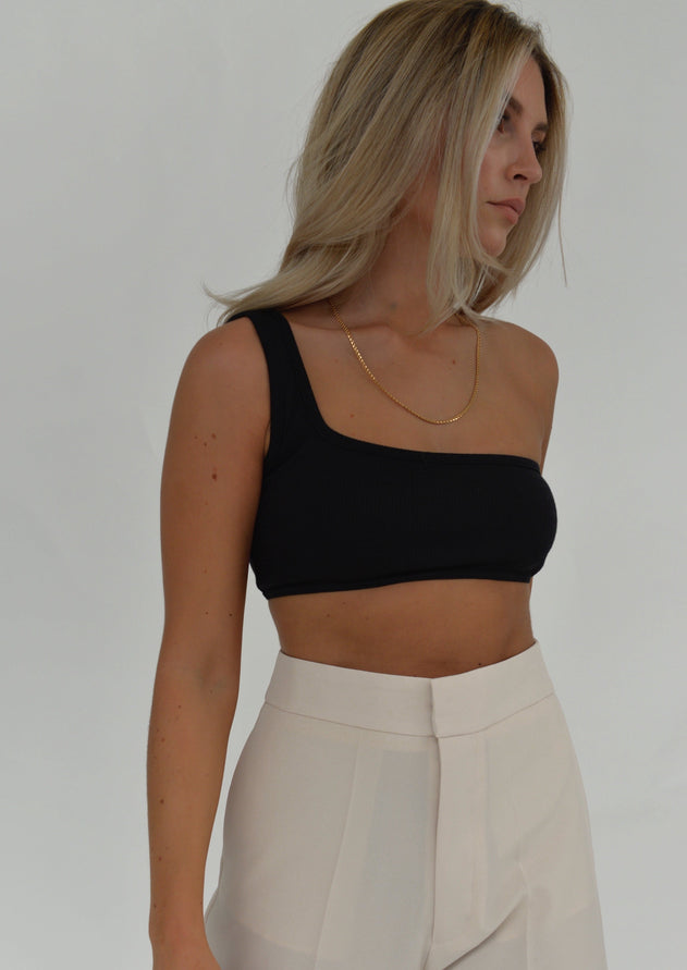 One Shoulder Ribbed Top Black